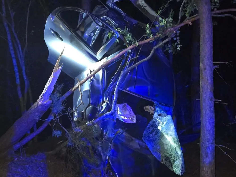 Zmiażdżone auto zawisło na drzewie. Jedna osoba trafiła do szpitala