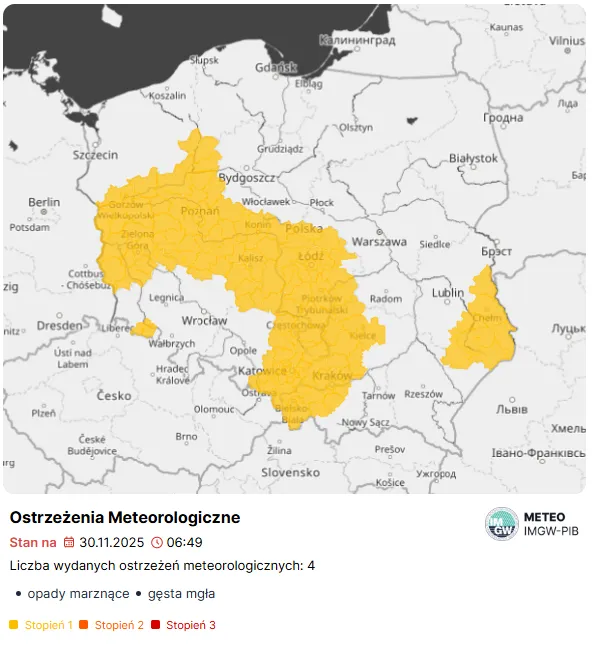 Ostrzeżenia meteo IMGW przed gęstą mgłą i opadami marznącego deszczu