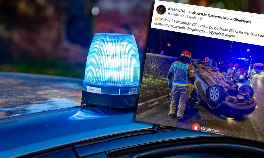 Dachowanie na alei Jana Pawła II w Krakowie. Dwie osoby poszkodowane