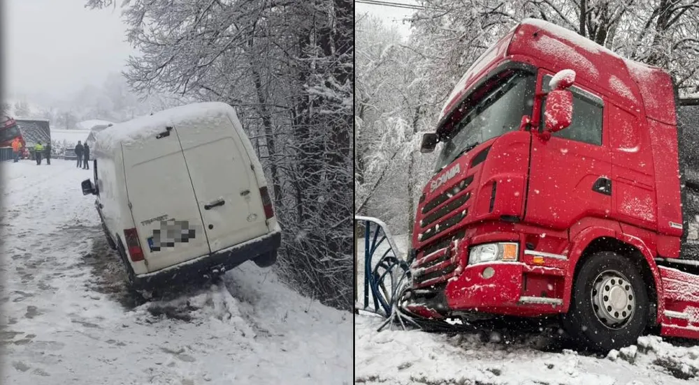 Małopolska pod śniegiem. Auta w rowach, dachowania, blokady