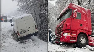 Małopolska pod śniegiem. Auta w rowach, dachowania, blokady