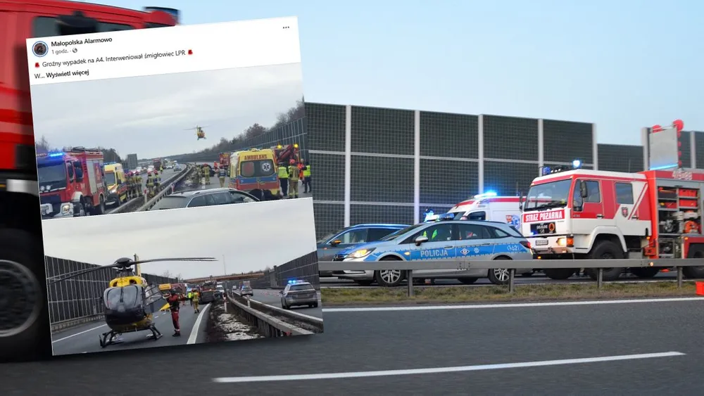 Dwoje dzieci w rozbitym aucie na A4. Ranna kobieta trafiła do szpitala śmigłowcem, ucierpiało też dziecko