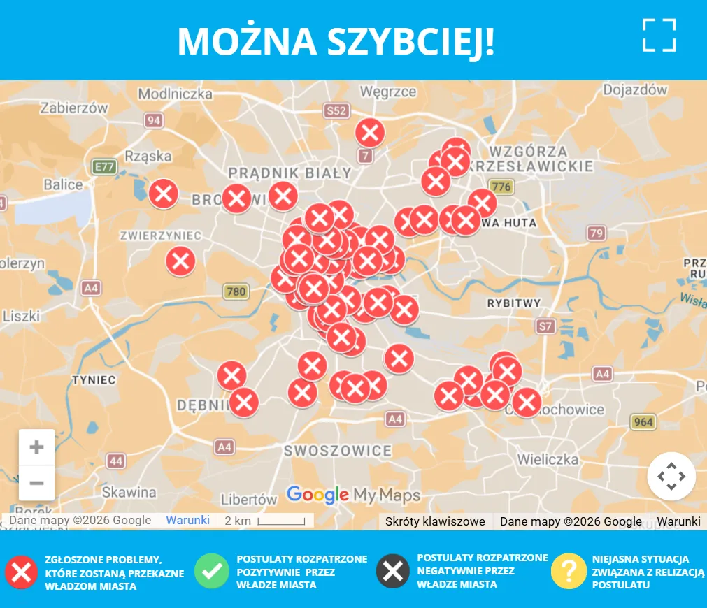 Mapa z uwagami mieszkańców / www.moznaszybciej.pl. 