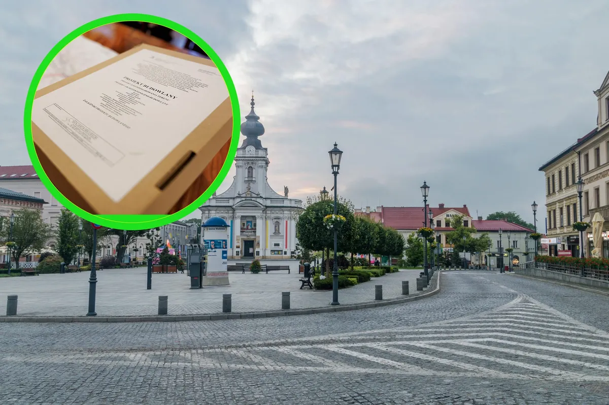 Na zdjęciu Rynek w Wadowicach i w kółku projekt budowlany południowej obwodnic