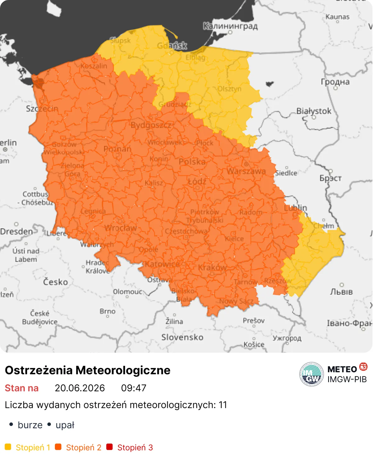 Ostrzeżenia IMGW na 20 czerwca 2026