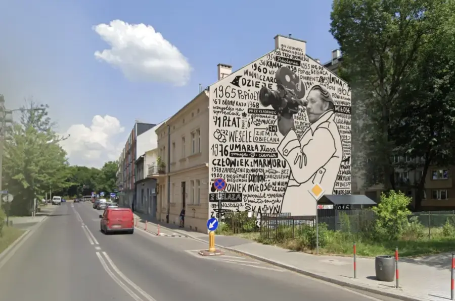 Wizualizacja muralu „Wajda czarno na białym” Bartosza Podlewskiego na ścianie budynku przy al. Kijowskiej 50 