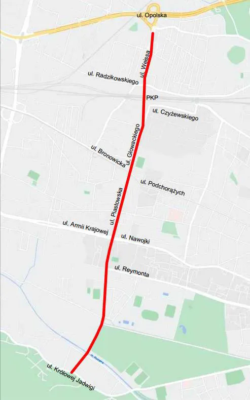 Planowany przebieg linii tramwajowej Cichy Kącik–Azory według koncepcji z 2022 roku. Źródło: ZTP Kraków