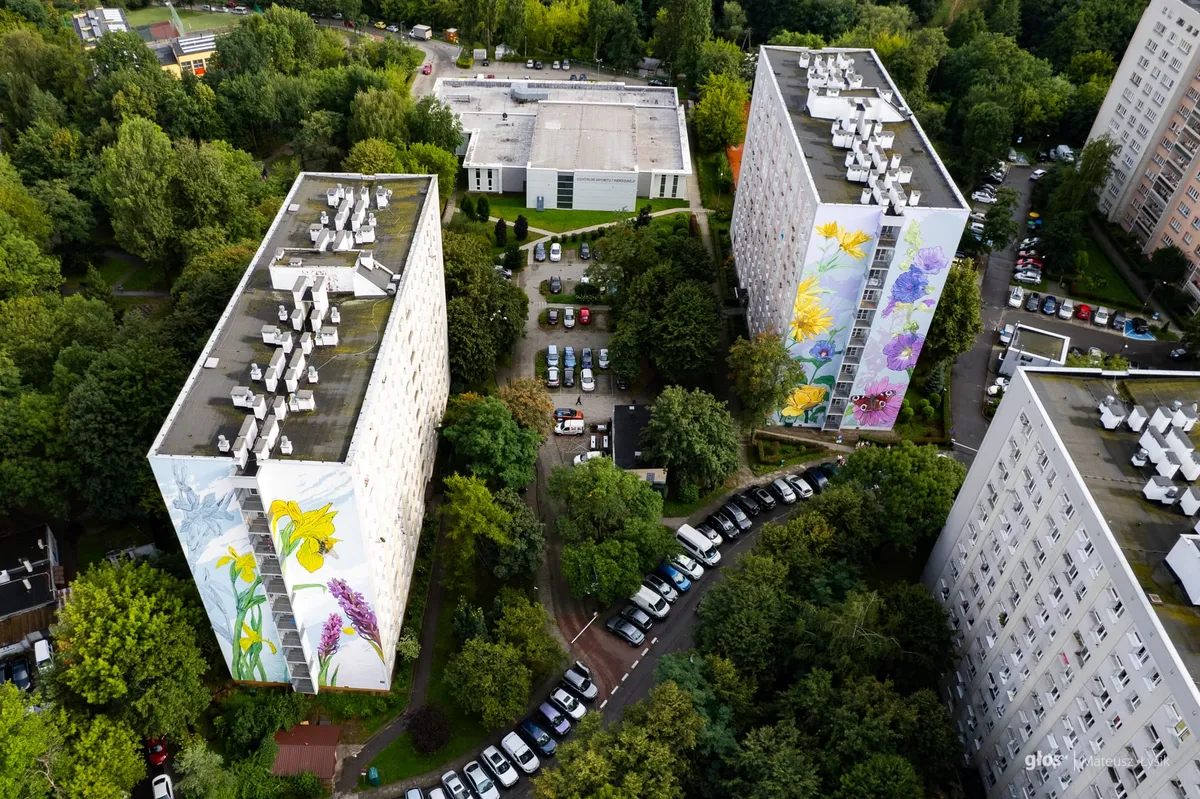 Po lewej mural odsłonięty w 2025 r., po prawej "Przystanek Motyla"