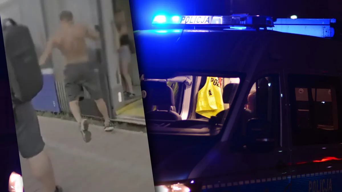 Agresywny mężczyzna bez koszulki przy drzwiach tramwaju i policyjny radiowóz na sygnale w Krakowie