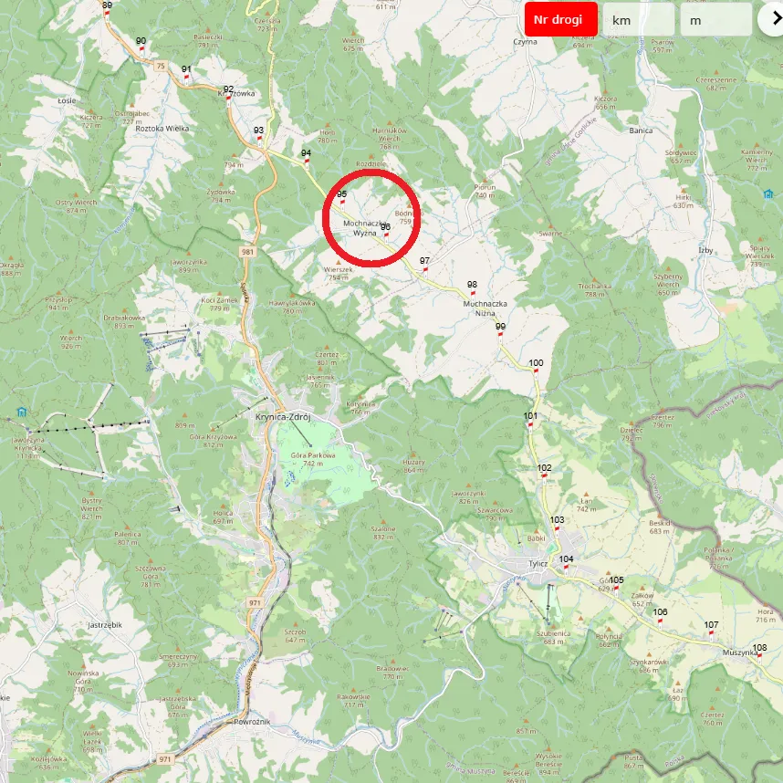 Mapa DK75 w okolicach Krynicy-Zdroju z zaznaczonym odcinkiem remontu w Mochnaczce Wyżnej
