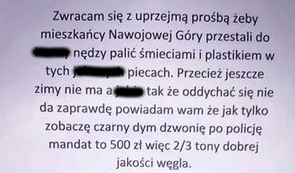 „Żeby mieszkańcy przestali do k… nędzy palić śmieciami i plastikiem w tych je… piecach”